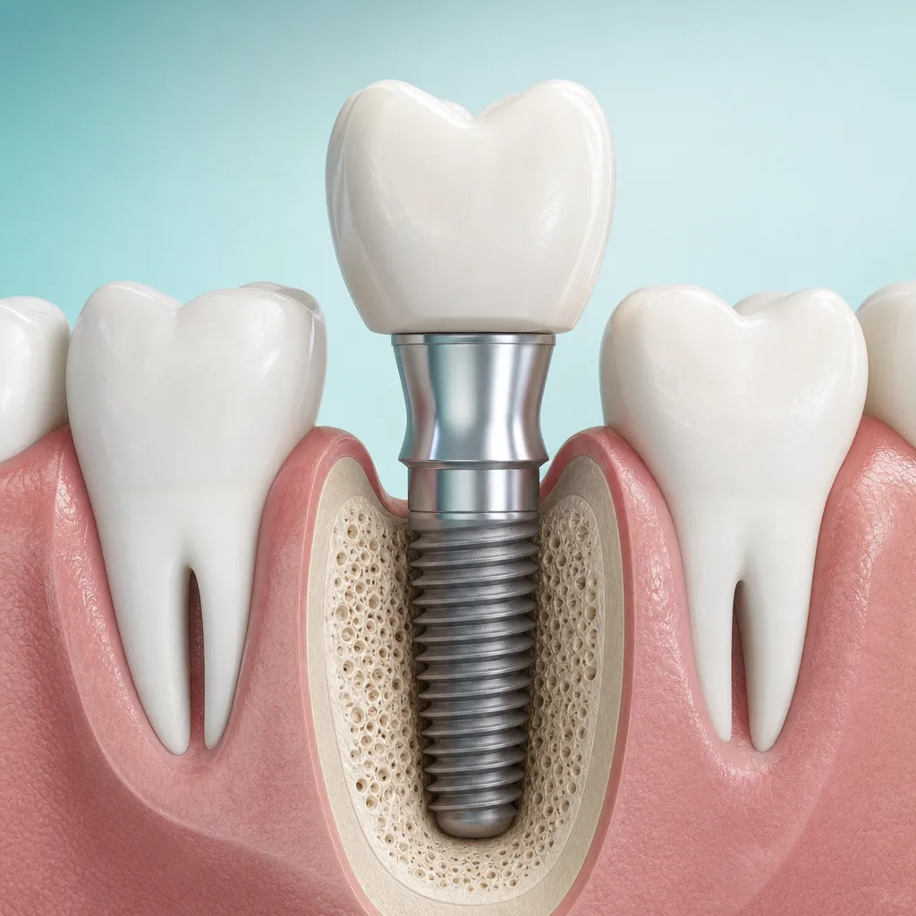 Cross-section of a dental implant fused in the jawbone with the attachment sitting above the gum