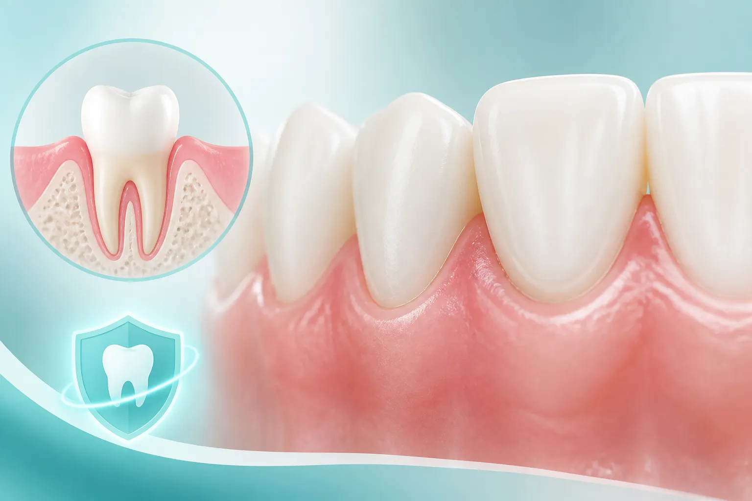 Illustration comparing firm healthy gum tissue with inflamed gums and deepened pockets around the tooth roots