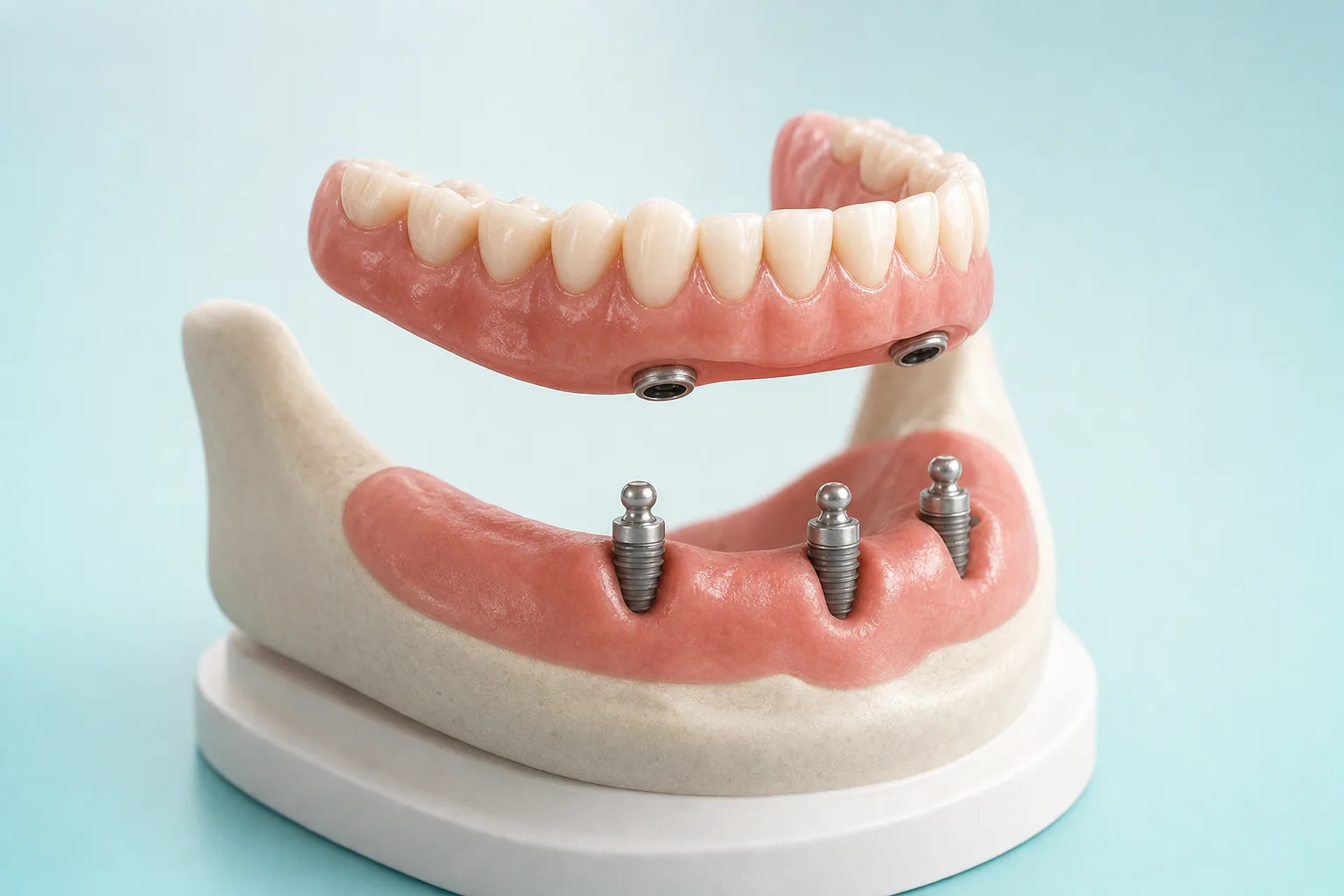 A removable overdenture snapping securely onto dental implants in the jaw