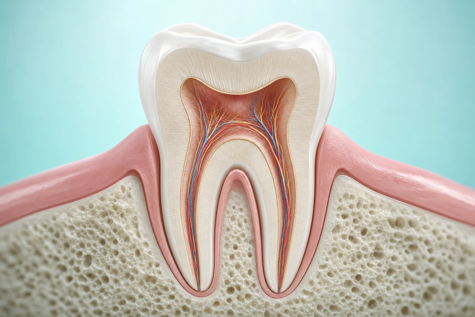 Cross-section of a tooth showing the pulp chamber and root canals